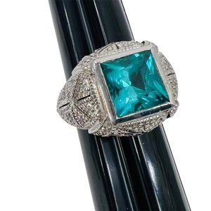 Teal Fluorite Sterling Silver Ring Cocktail Statement White Topaz Rhodium Plated